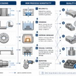 Diagram showing how MIM part design choices such as wall thickness, holes, sharp corners, support condition, and tolerance strategy affect distortion, cracking, flash, and dimensional stability