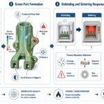 Diagram showing how mold design affects feedstock flow, green part uniformity, debinding and sintering behavior, and final MIM part quality
