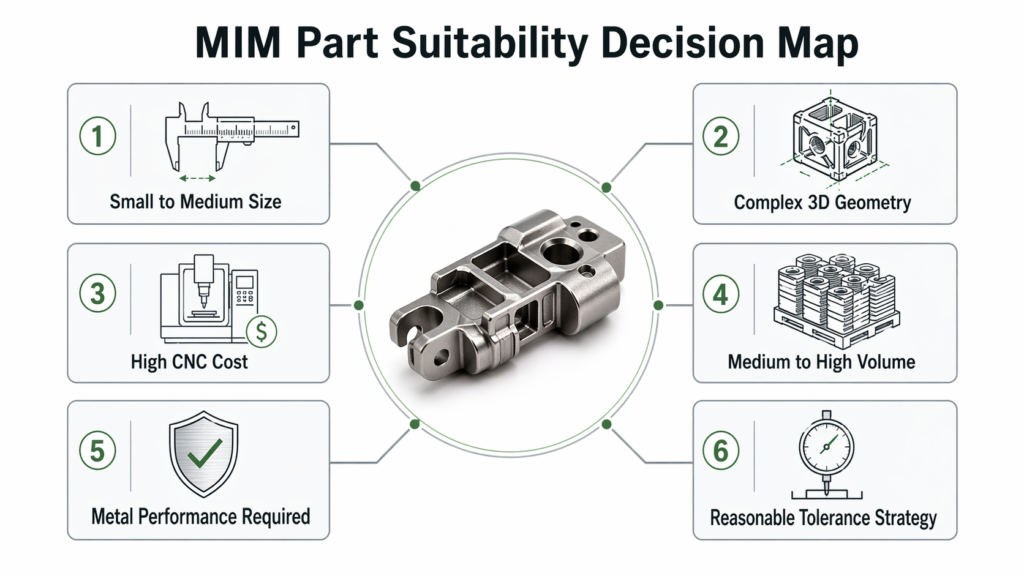 Decision map showing which types of small complex metal parts are suitable for metal injection molding