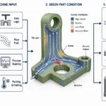Diagram showing how injection molding decisions in MIM affect flow stability, density distribution, green part quality, and downstream defects after debinding and sintering.