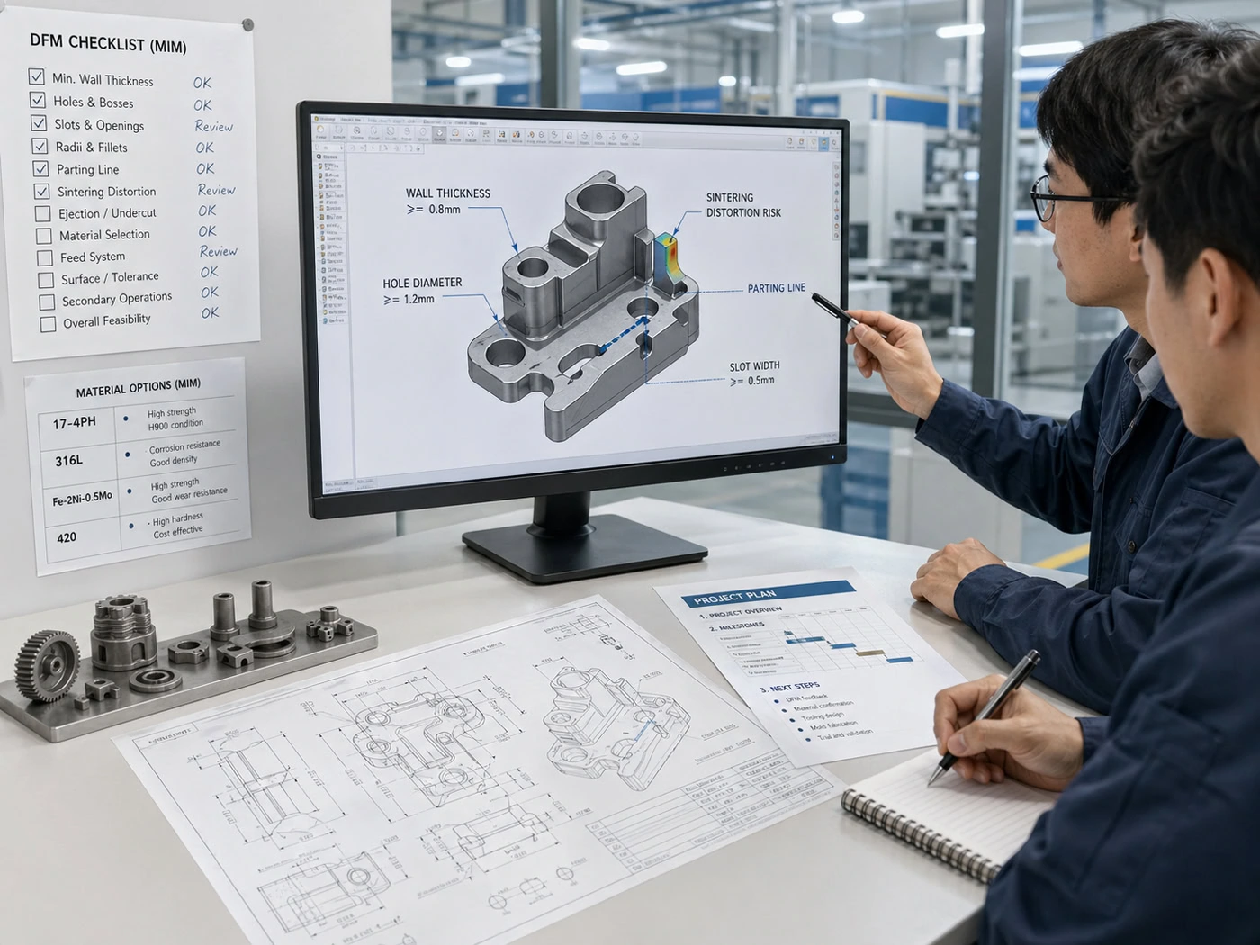 Representative illustration of a MIM engineering review with drawing, CAD model, DFM checklist, and manufacturability discussion
