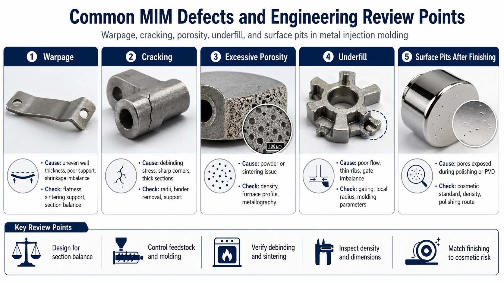 일반적인 MIM 결함 및 엔지니어링 검토 사항 Common MIM defects including warpage cracking porosity underfill and surface pits