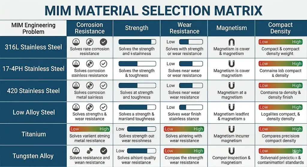 MIM Material Selection Matrix MIM material selection matrix comparing 316L 17-4PH 420 low alloy steel titanium and tungsten alloy
