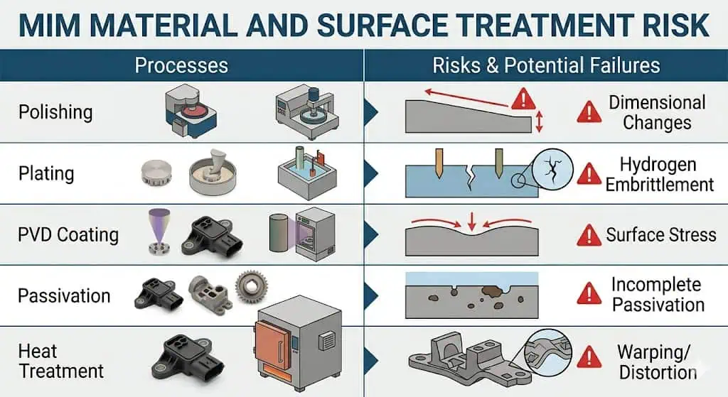 MIM Material and Surface Treatment Risk MIM material surface treatment risks including polishing plating PVD porosity and heat treatment distortion