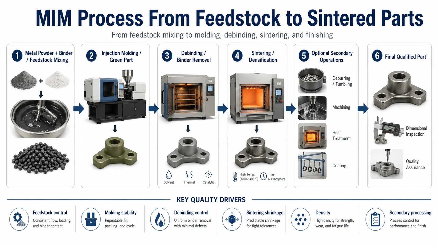 피드스톡에서 소결 부품까지의 MIM 공정 Metal injection molding process from feedstock mixing to molding debinding sintering and finishing