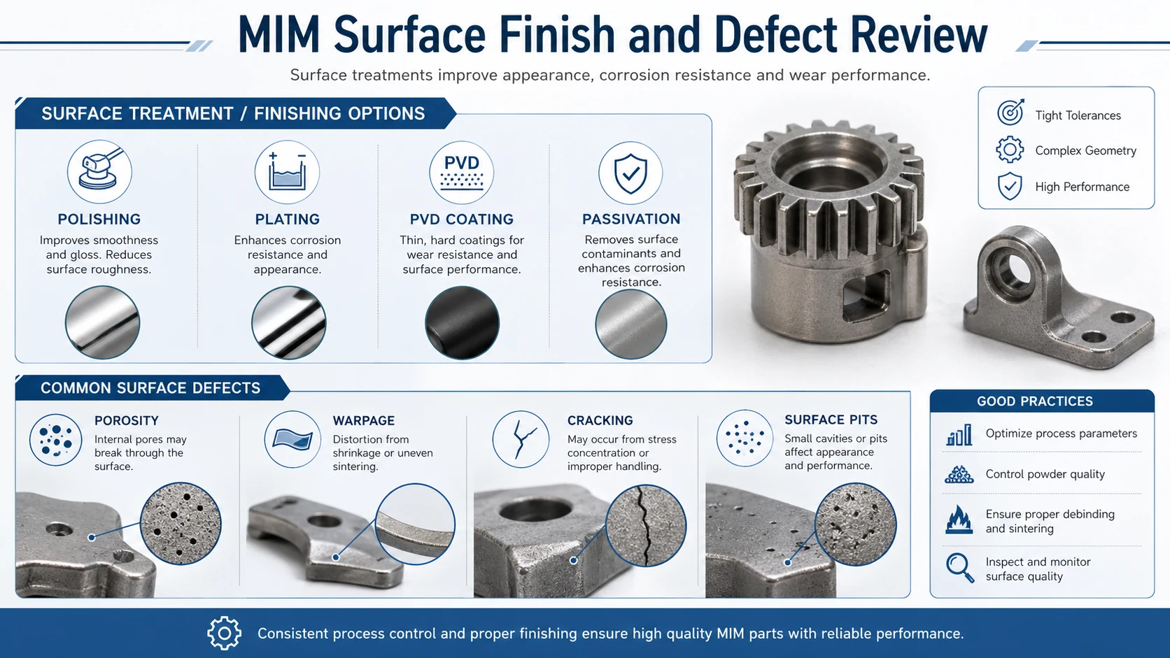 MIM 표면 마감 및 불량 검토 MIM surface finish and defects including polishing plating PVD porosity and warpage