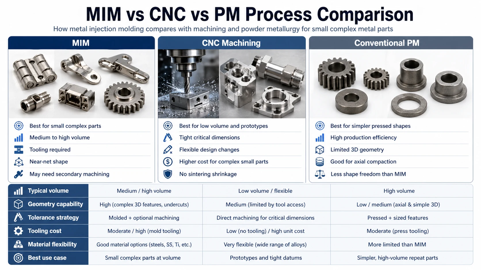 MIM vs CNC vs PM 공정 비교 MIM vs CNC vs powder metallurgy comparison for small complex metal parts