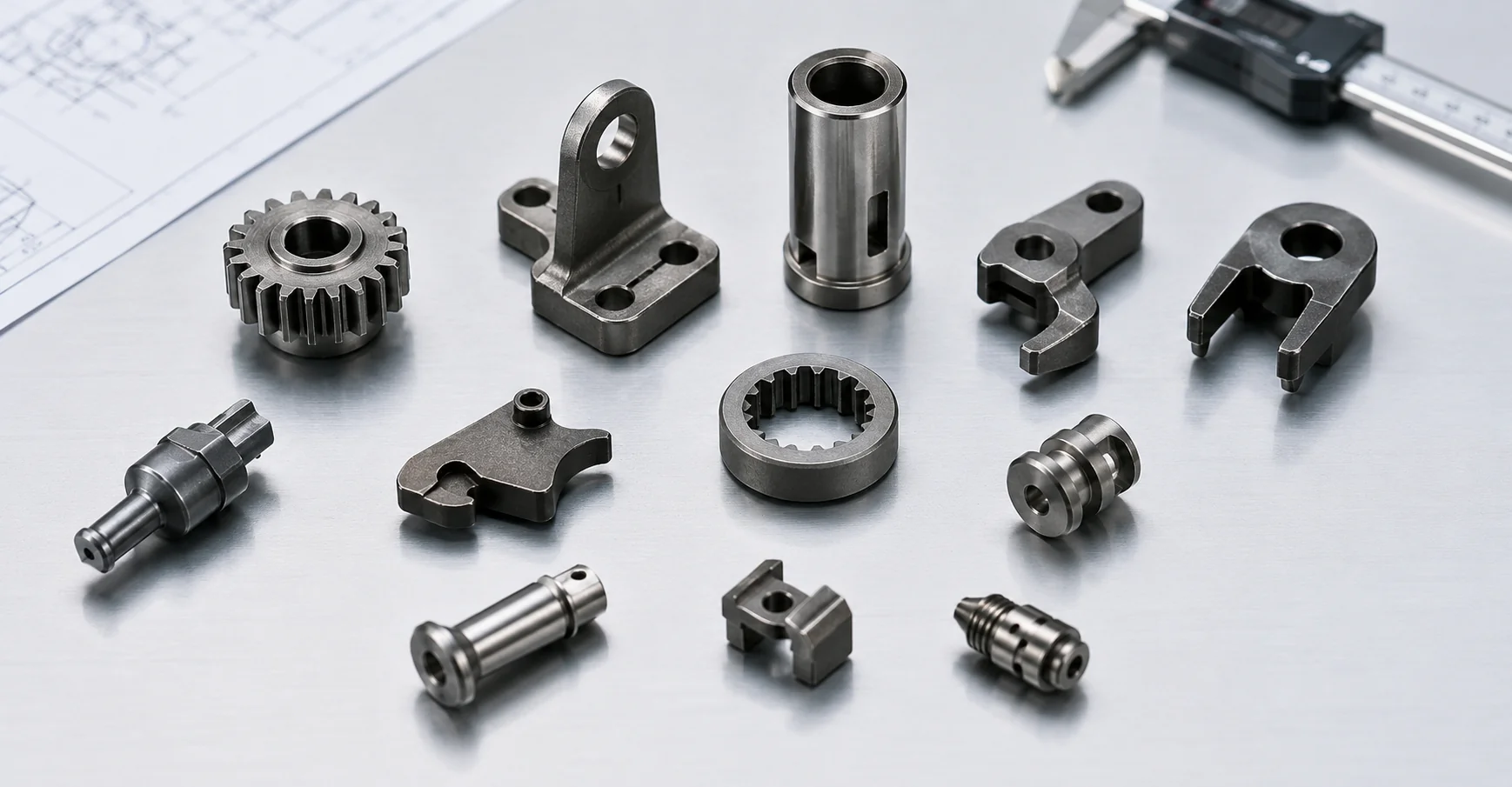 Small complex MIM parts for industrial equipment including gears, brackets, pins, sensor housings, locking parts, and wear inserts