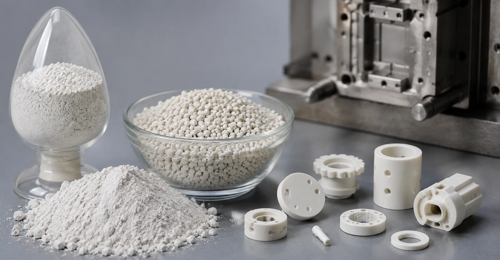 Ceramic powder, white feedstock pellets and molded ceramic injection molding parts arranged on an industrial workbench.