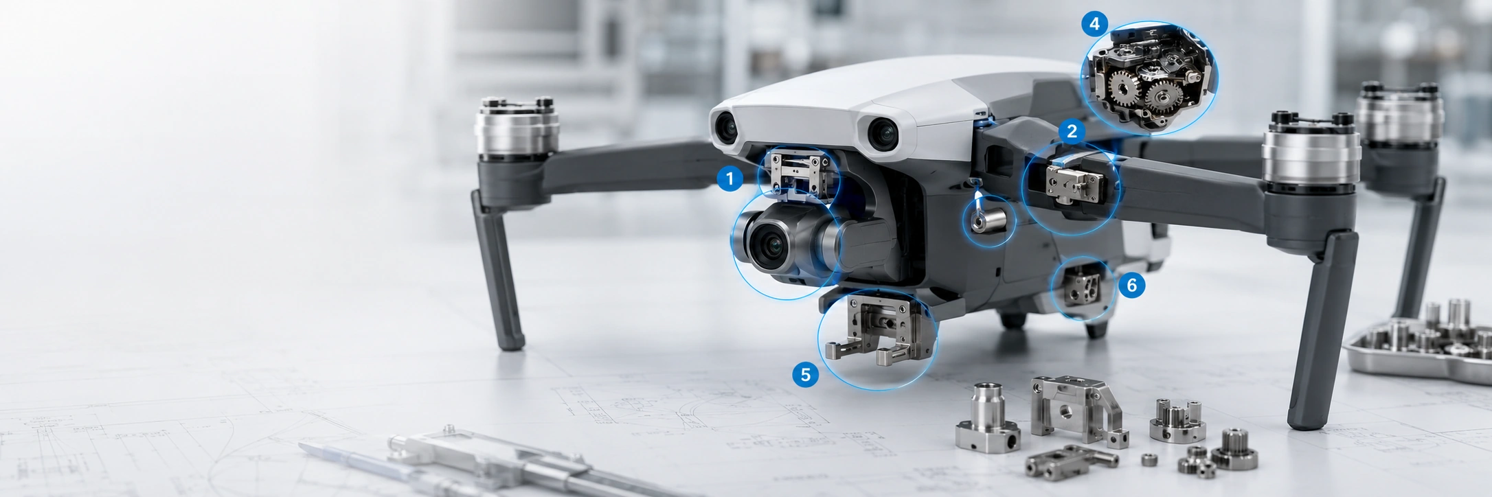 Civilian UAV with highlighted small MIM metal part candidates such as brackets, hinges, pins, micro gears, and payload mounts
