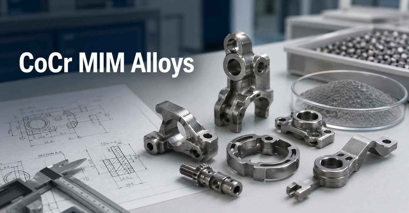 Cobalt-chromium MIM precision parts reviewed with metal powder, engineering drawing and material selection context for wear and corrosion sensitive applications.