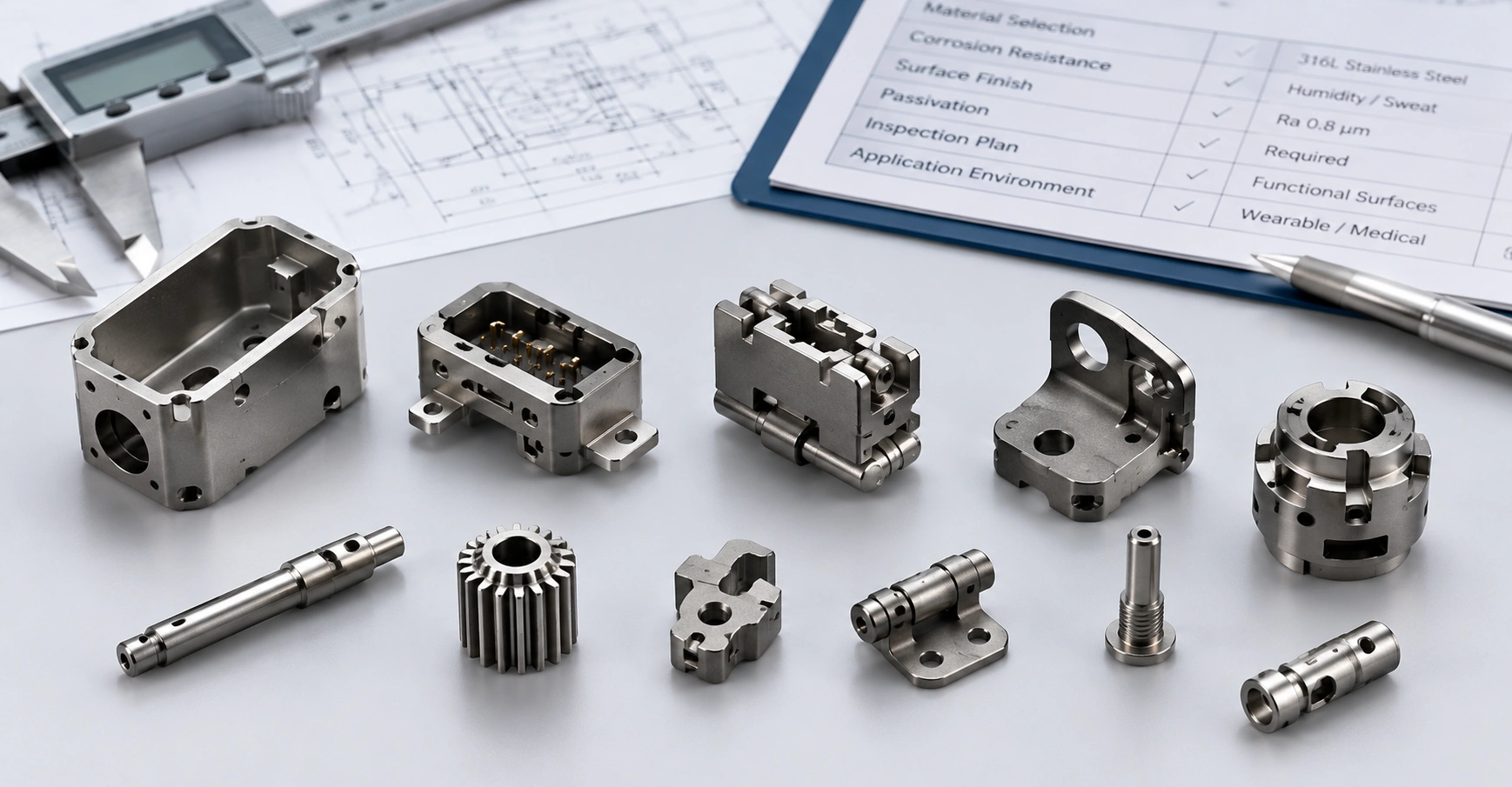 Corrosion-resistant MIM parts including stainless steel housings, connectors, hinges, shafts, pins, and sensor hardware for humid, wearable, medical, and fluid-contact applications.