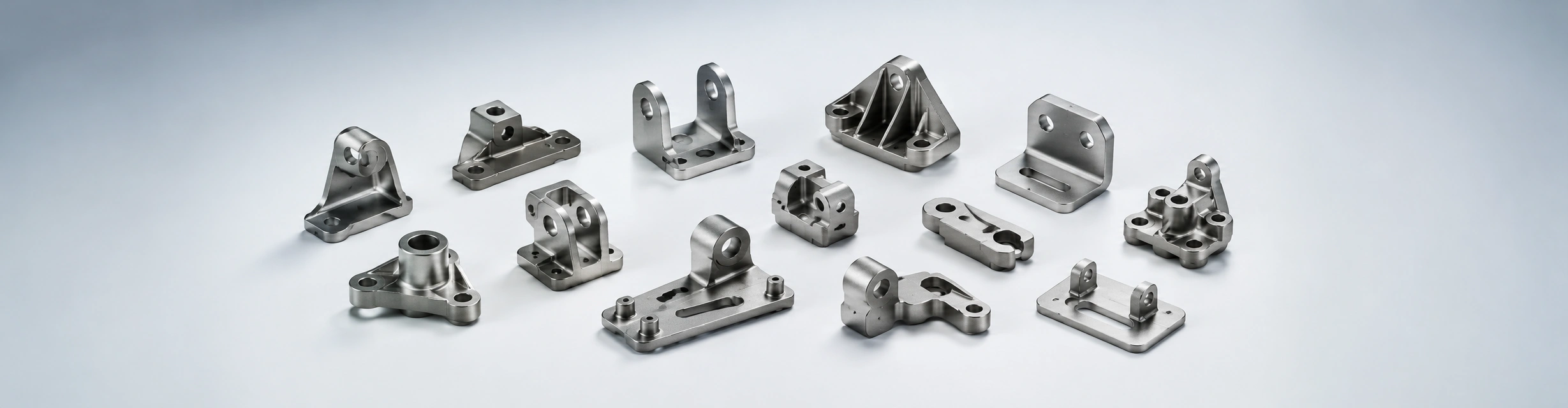 Industrial MIM bracket parts showing compact mounting brackets, locating brackets, retaining brackets, bosses, ribs, holes and slot features for drawing review.