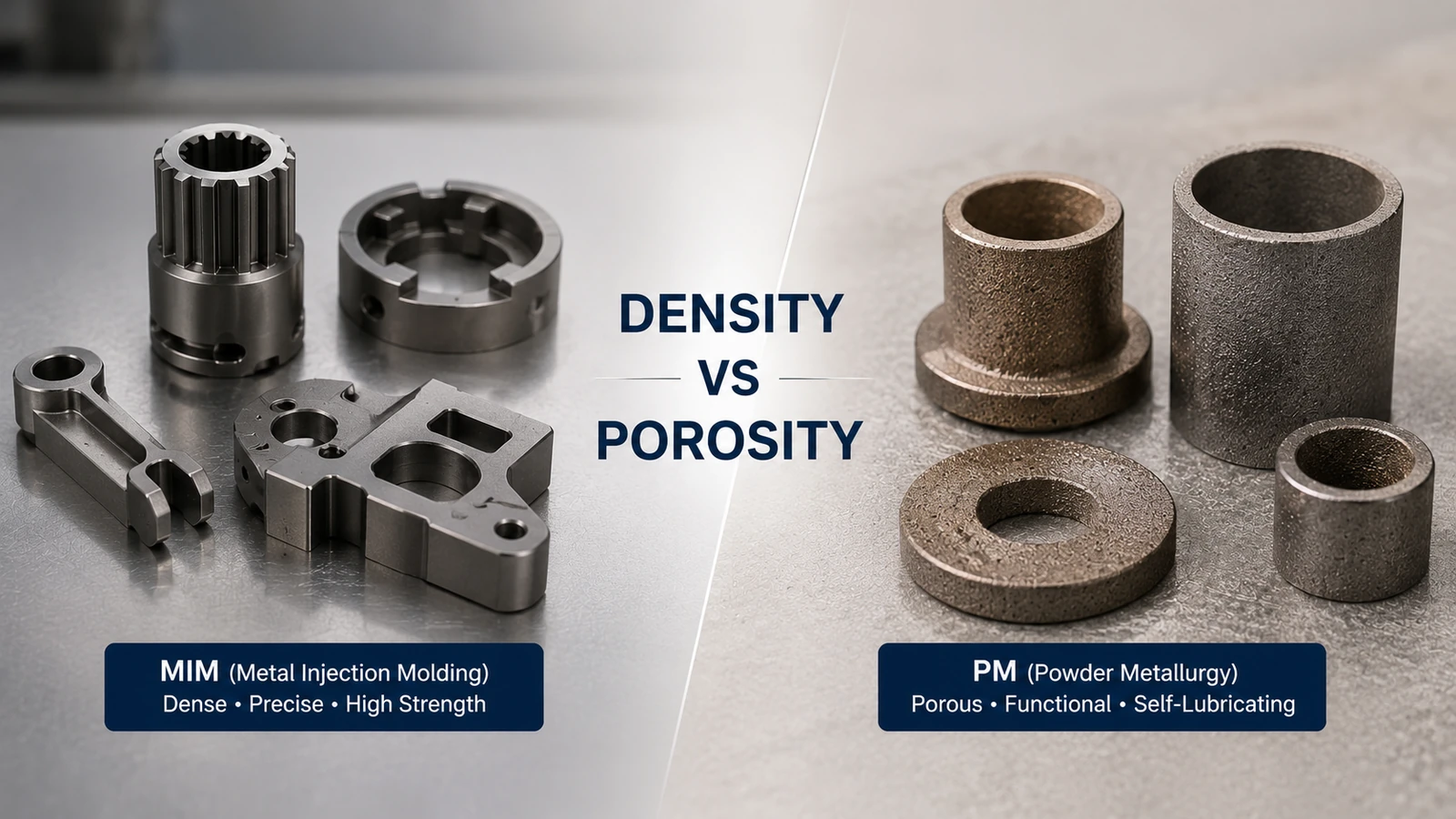 Dense MIM precision components compared with porous PM bushings for density and porosity selection
