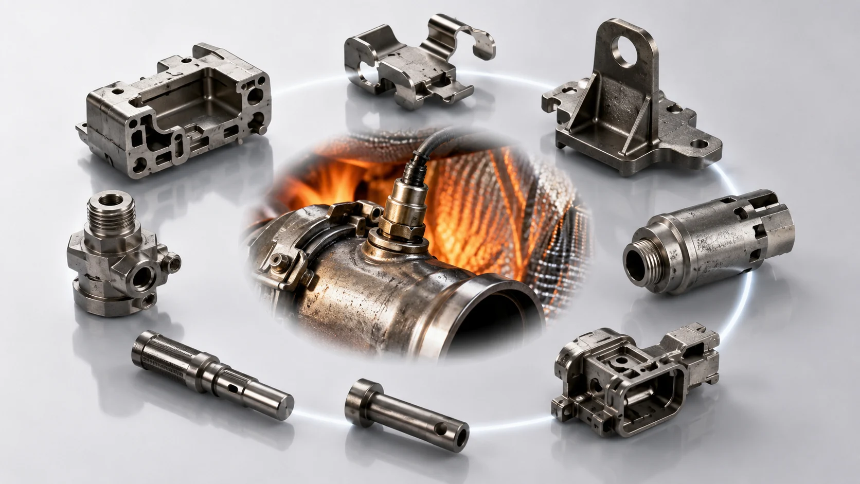Small heat-resistant MIM parts including sensor housings clips brackets connectors pins and valve-related components used near high-temperature assemblies