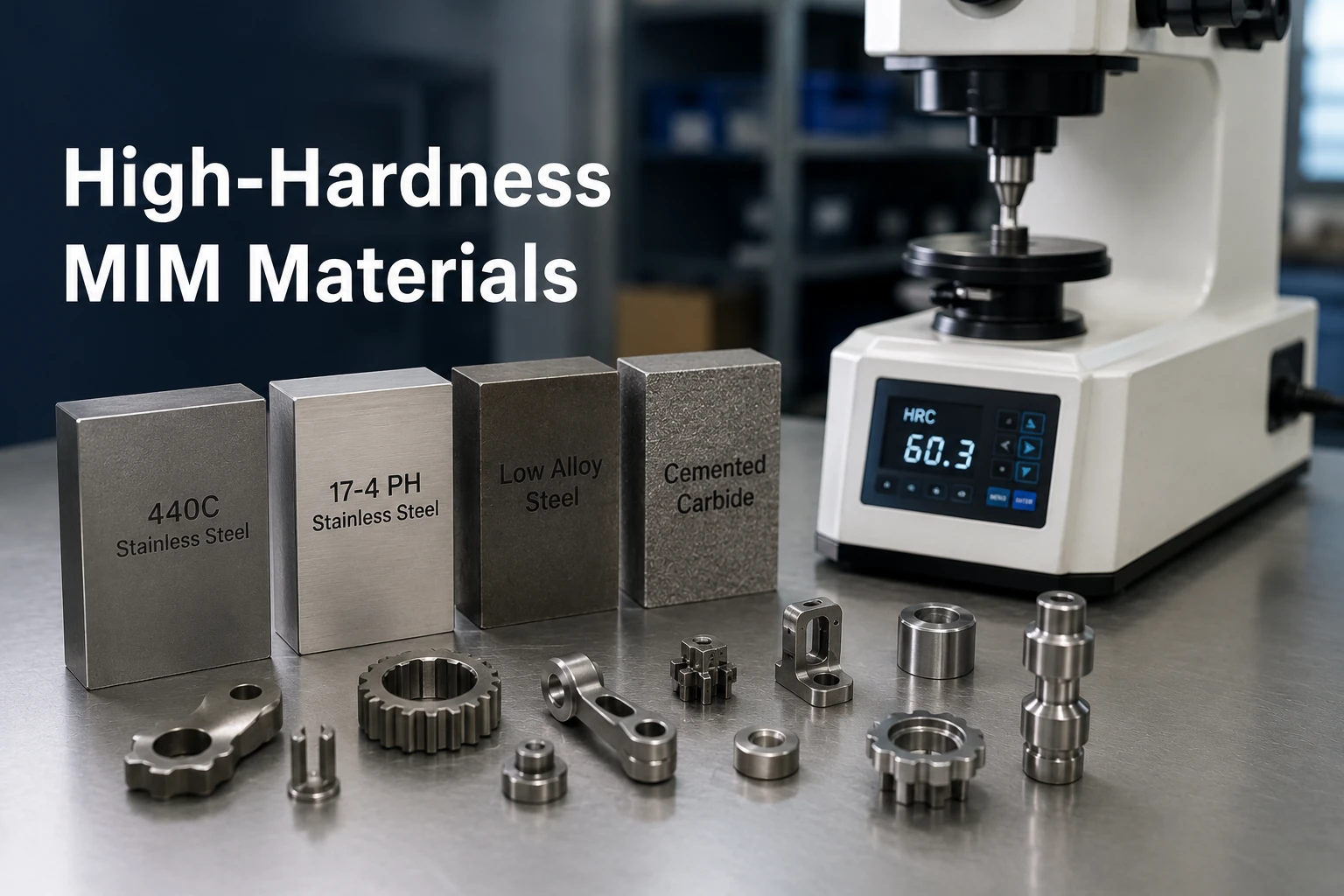 High-hardness MIM material samples, small precision metal parts and hardness testing equipment prepared for engineering review.