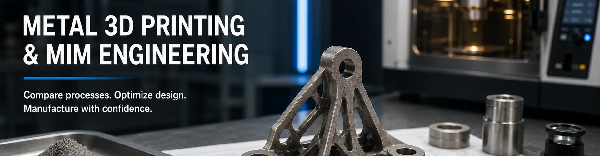 Industrial metal 3D printing process review scene with metal powder, printed metal parts, engineering drawings, and inspection tools