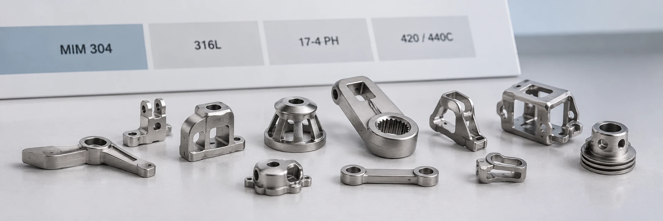 Small MIM 304 stainless steel precision parts shown with stainless material selection options for molded metal components