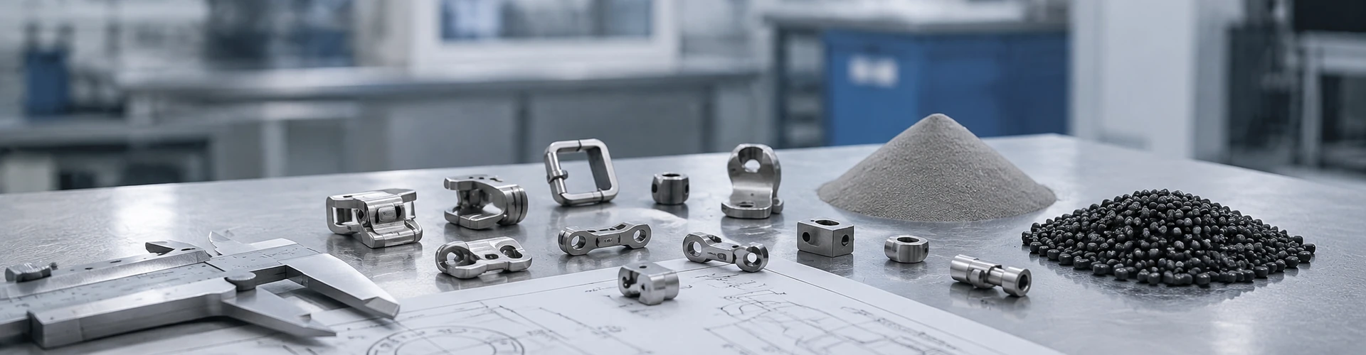MIM 316L stainless steel parts, metal powder, feedstock, engineering drawing, and caliper for material suitability review