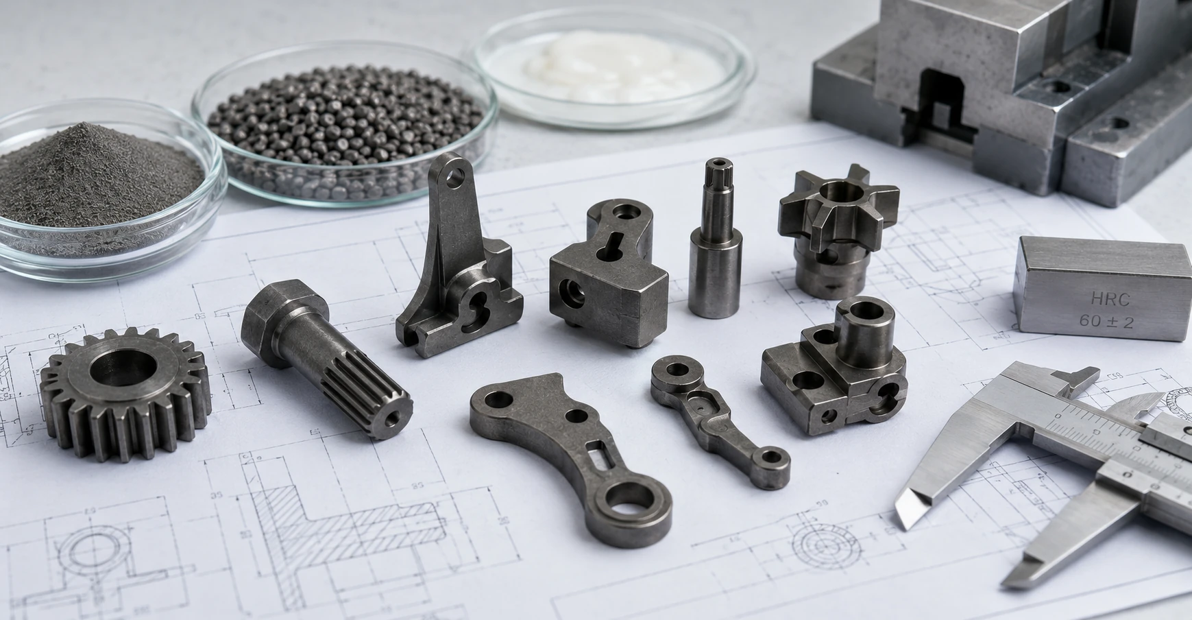 MIM 4605 low alloy steel parts with feedstock, engineering drawing, and inspection tools for material and DFM review.