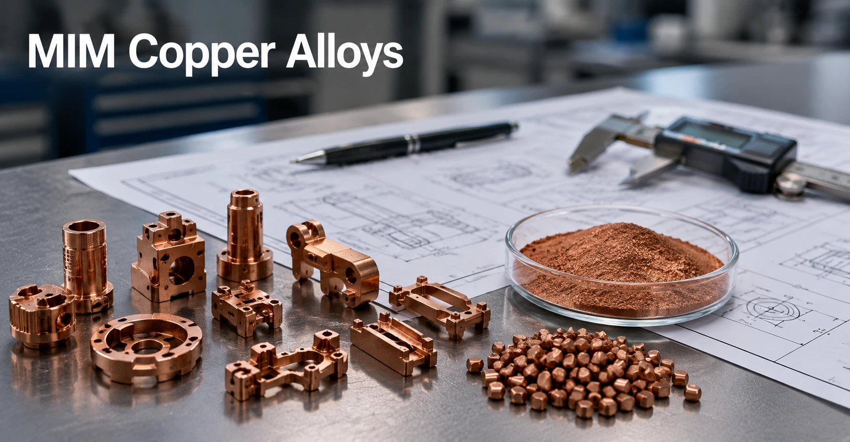 Copper-colored MIM precision parts, copper powder and engineering drawings used for copper alloy MIM feasibility review