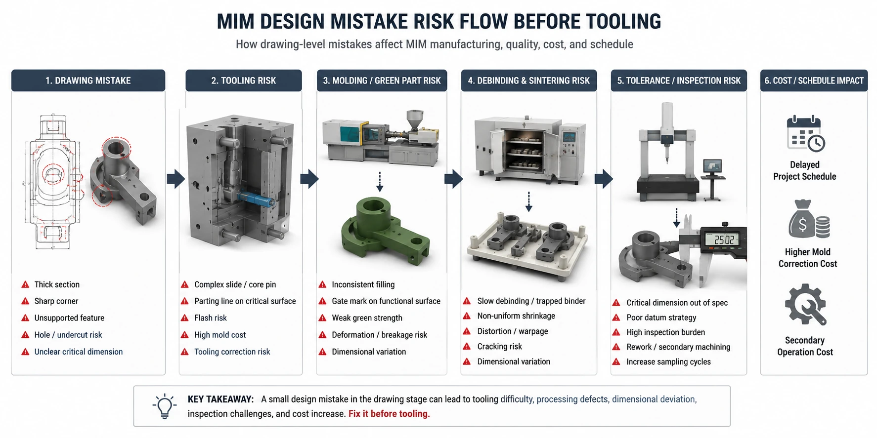 MIM design mistake risk flow showing how drawing errors affect tooling, molding, green part handling, debinding, sintering, tolerance control, inspection, and cost before production.