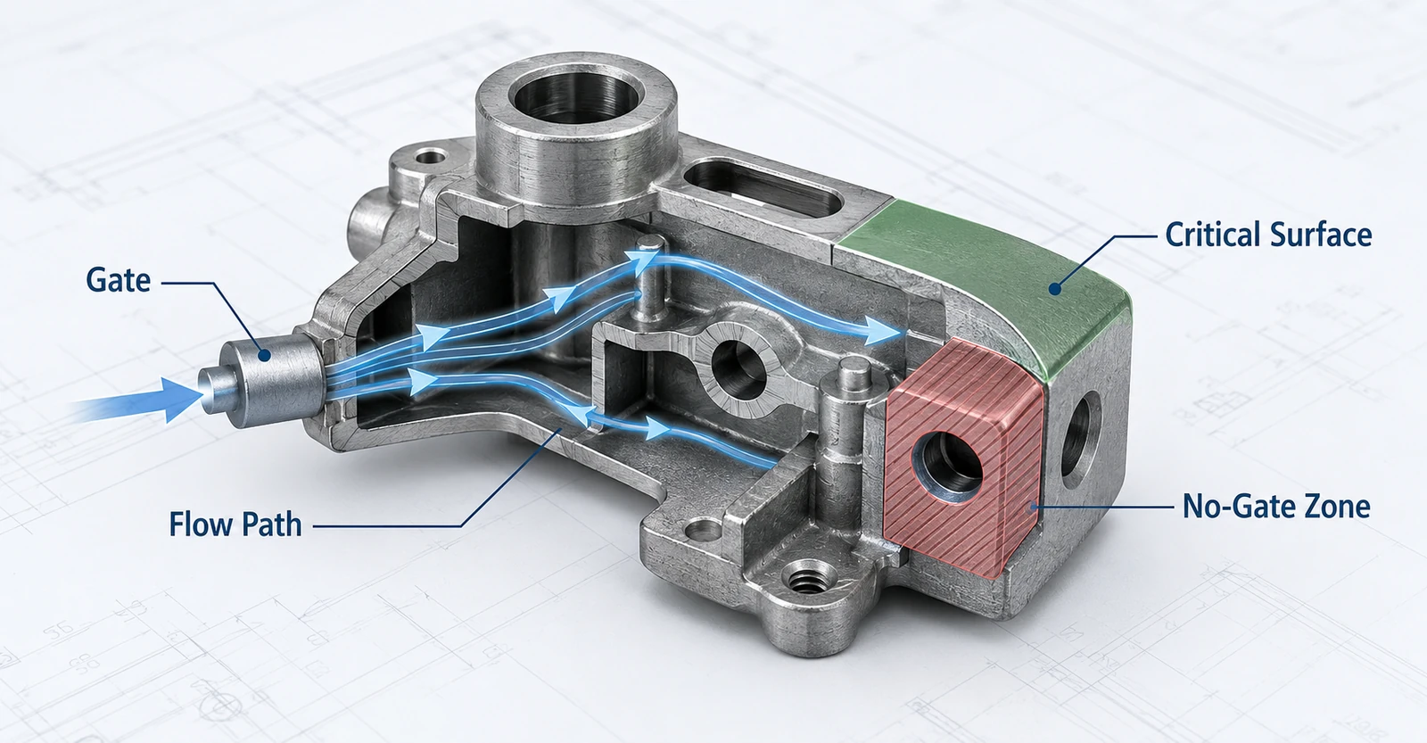 Übersicht über das MIM-Anspritzdesign mit Angabe der Anspritzposition, des Feedstock-Fließwegs, kritischer Oberflächen und Nichtanspritzzonen an einem kleinen Präzisionsmetallteil