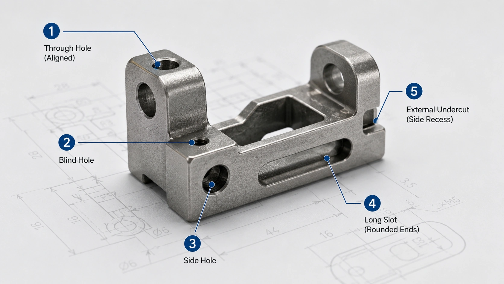 MIM part design overview showing through holes, blind holes, side holes, slots and undercuts as DFM review points