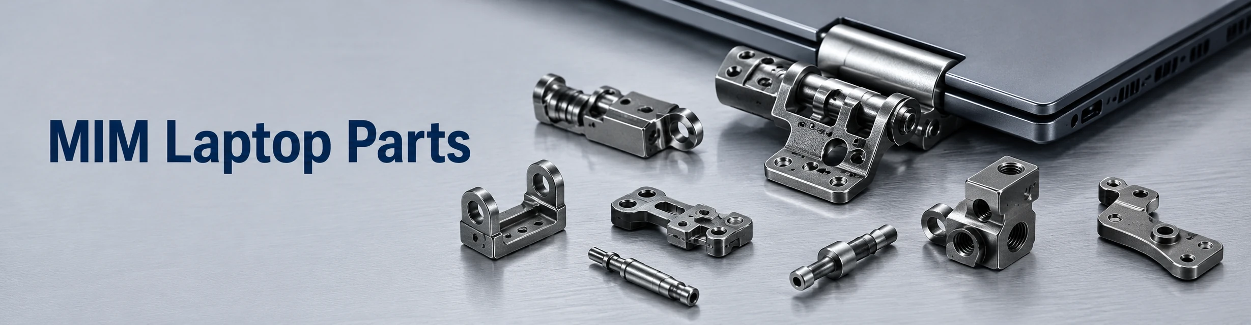 MIM laptop hinge-related parts, retainers, compact brackets, shafts and pins arranged on a clean engineering workbench.