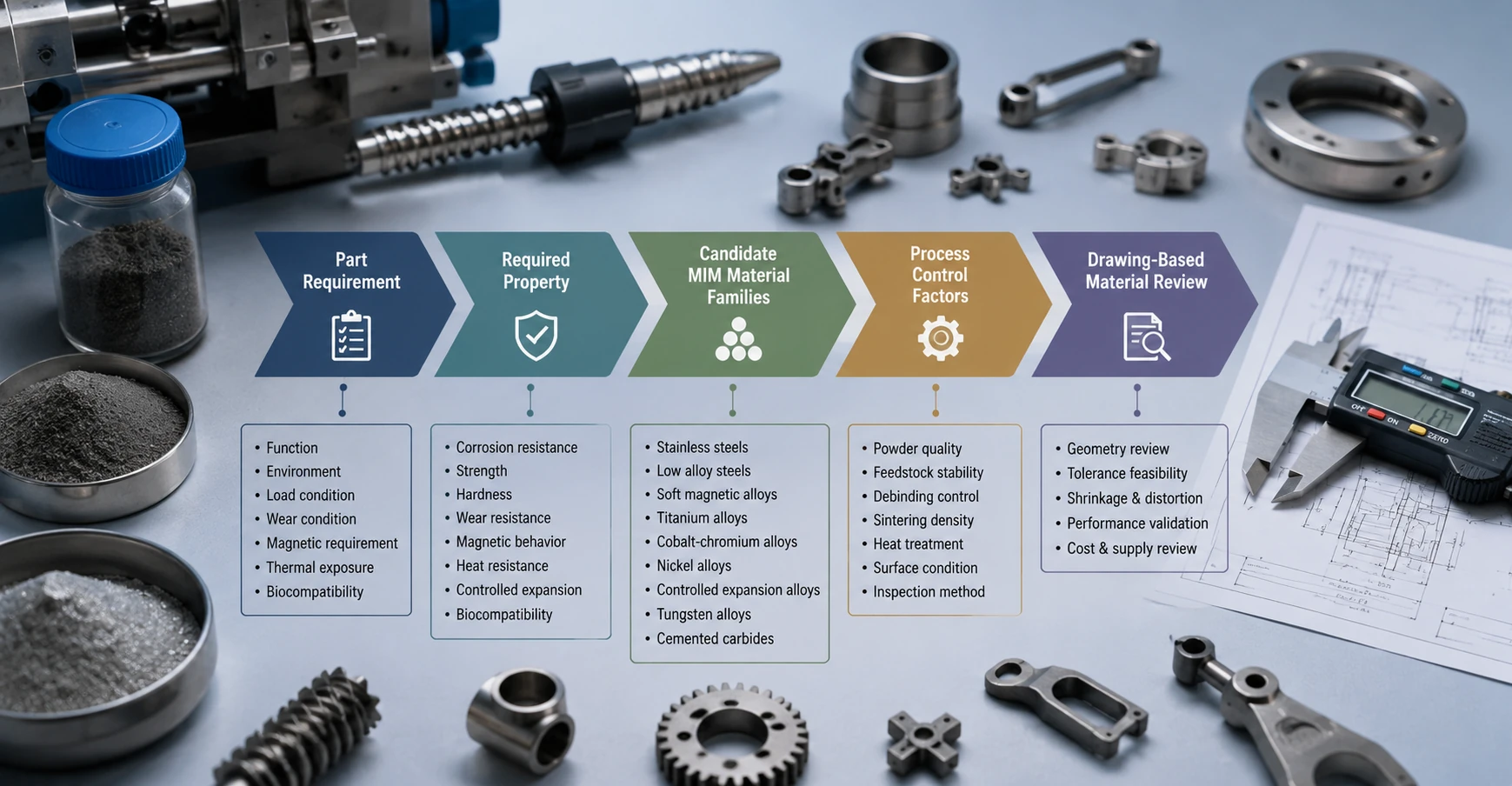MIM material properties selected by engineering performance requirements including corrosion resistance, strength, hardness, wear resistance, magnetic behavior and heat treatment