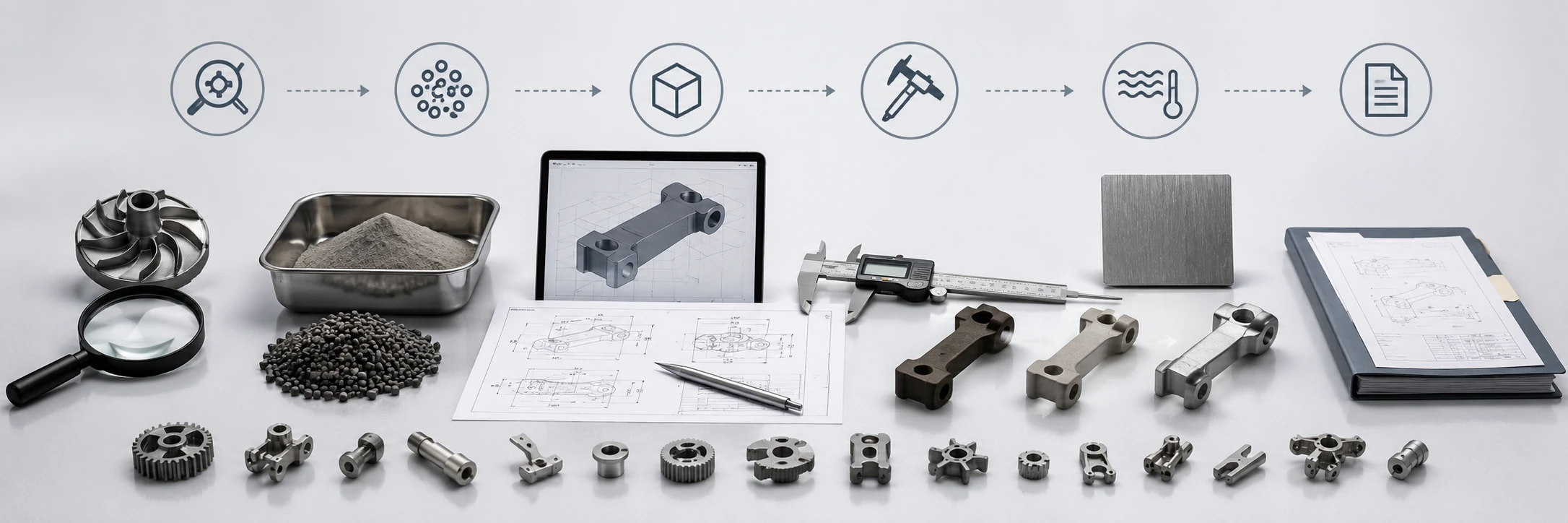 MIM material selection review workflow showing application, material, DFM, tolerance, surface treatment, inspection and RFQ input steps.