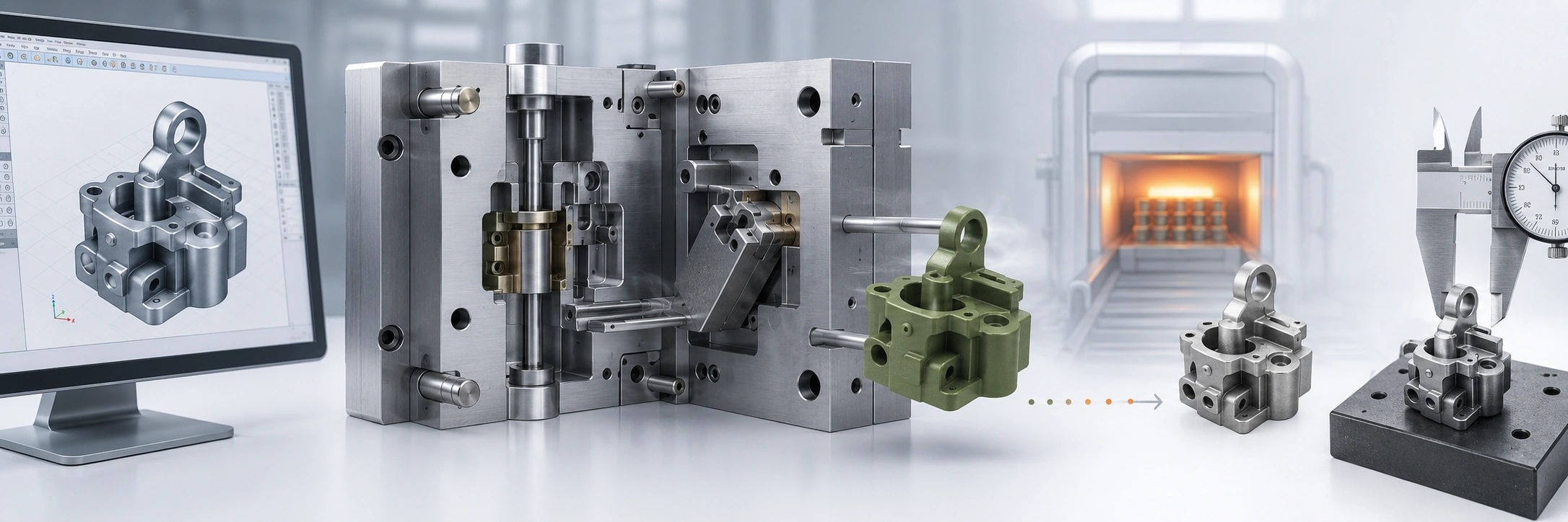 MIM mold design decision map showing CAD geometry, tooling layout, green part ejection, sintering shrinkage, and final inspection risk.