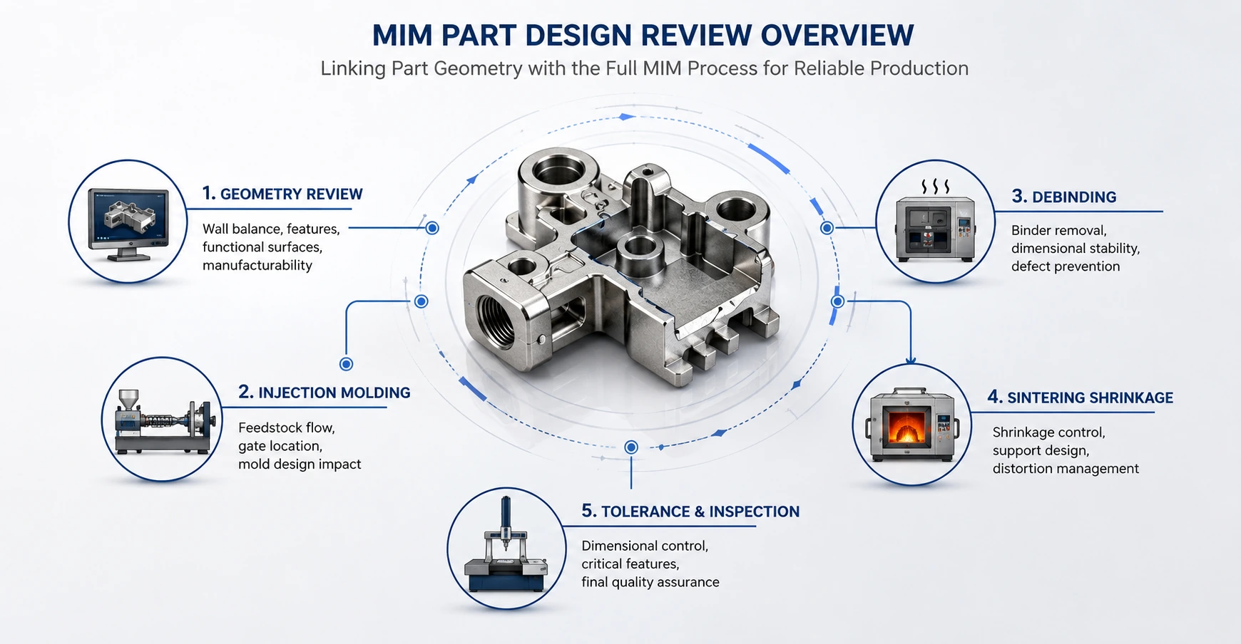 MIM part design review overview showing how geometry affects molding, debinding, sintering shrinkage, tolerance control, and inspection.