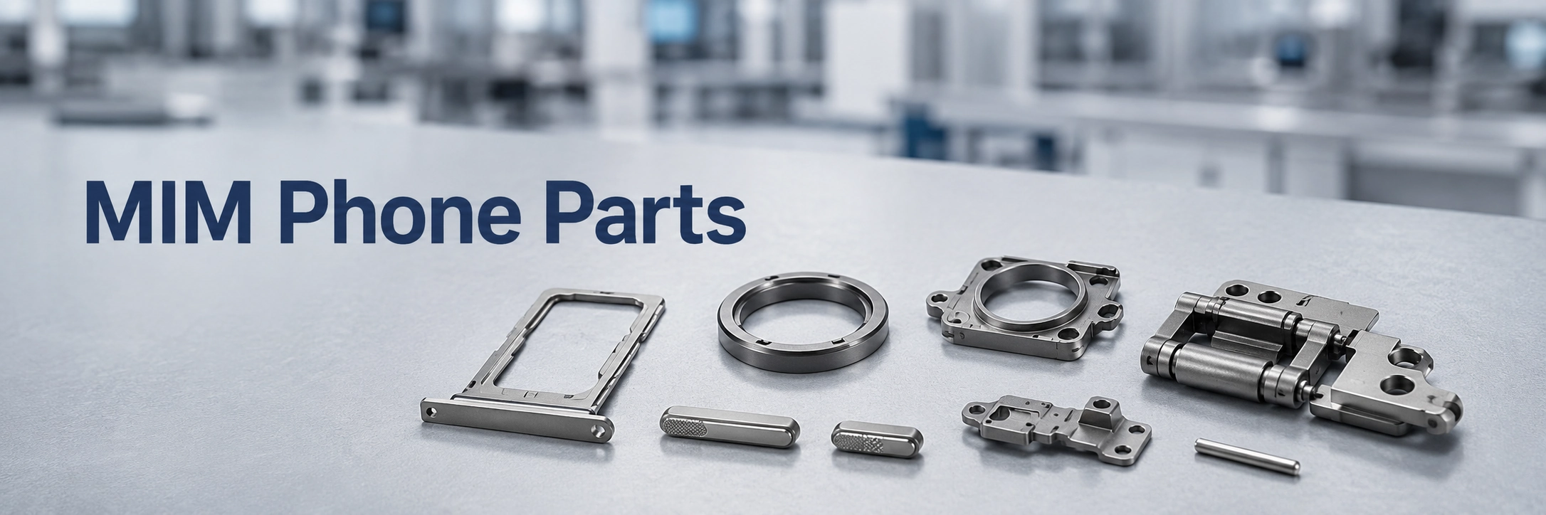 Custom MIM smartphone metal components including tray, ring, button, bracket and hinge-like parts on an engineering bench