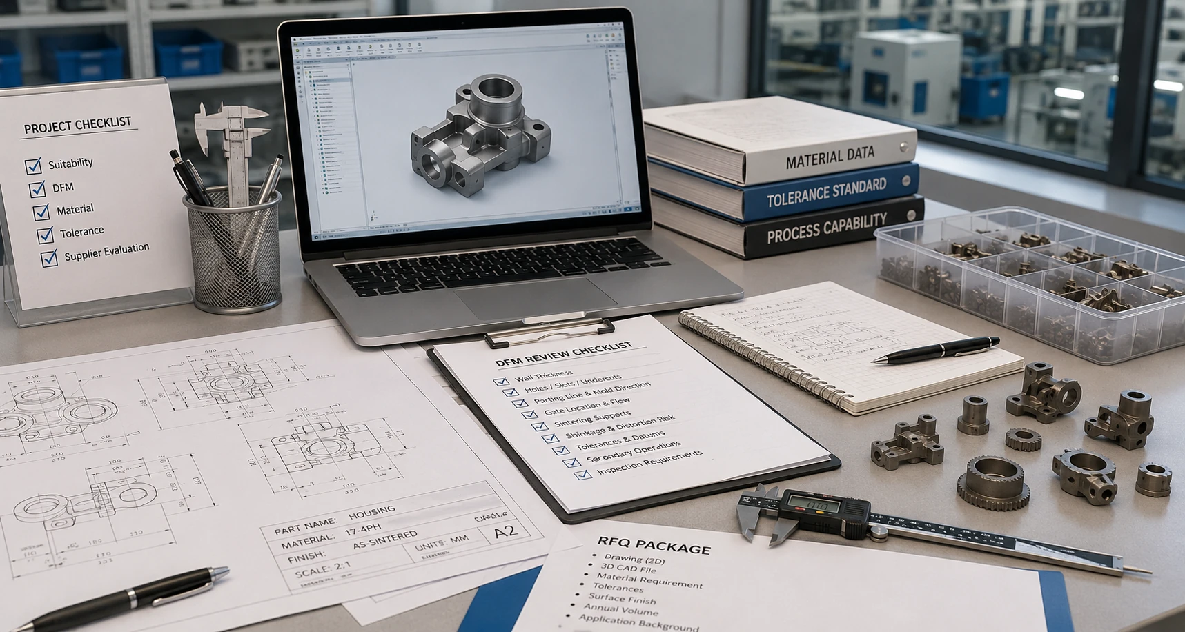 Engineering desk with MIM part drawings, CAD model, project checklist documents, and RFQ notes for drawing-based review.