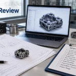 Engineering desk with MIM parts, 2D drawing, CAD model, and RFQ review notes for quotation preparation