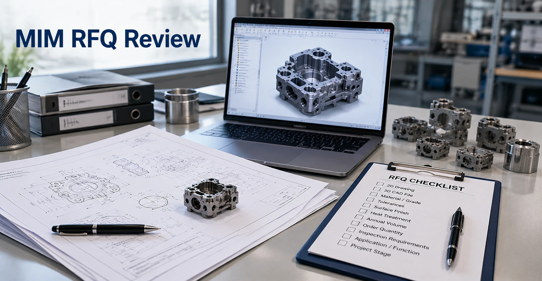 Engineering desk with MIM parts, 2D drawing, CAD model, and RFQ review notes for quotation preparation