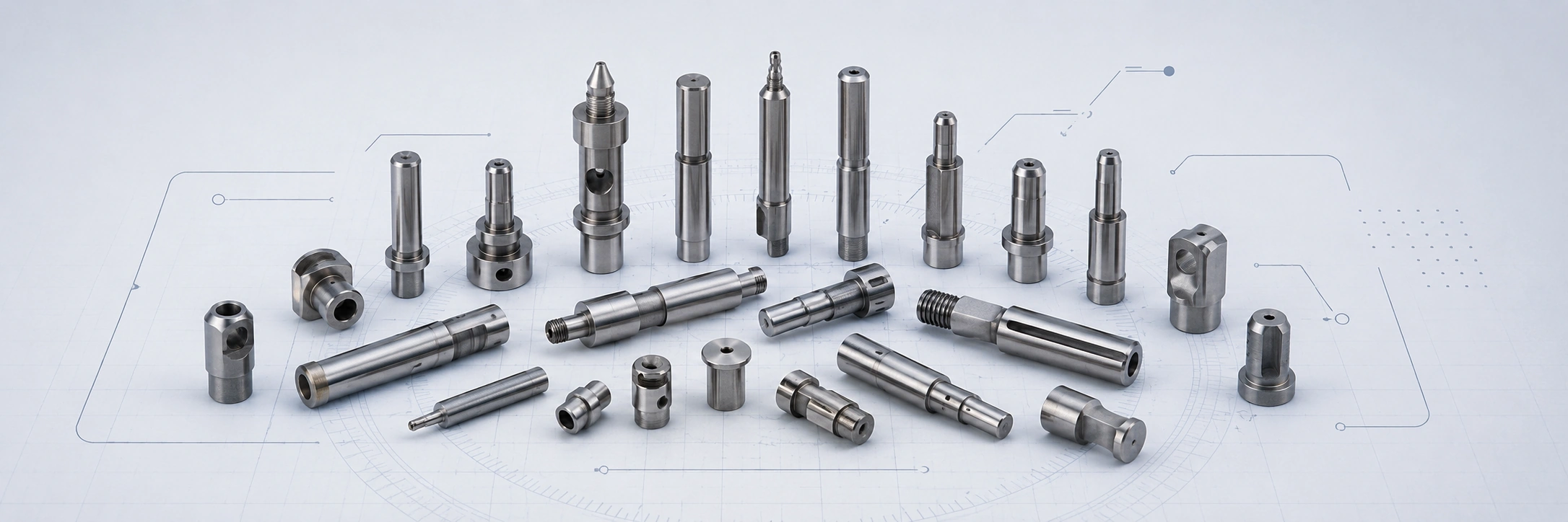 Category map of small MIM shafts and pins including rotating shafts, pivot pins, hinge pins, locating pins, locking pins, stepped shafts, flanged pins, and cross-hole pins.