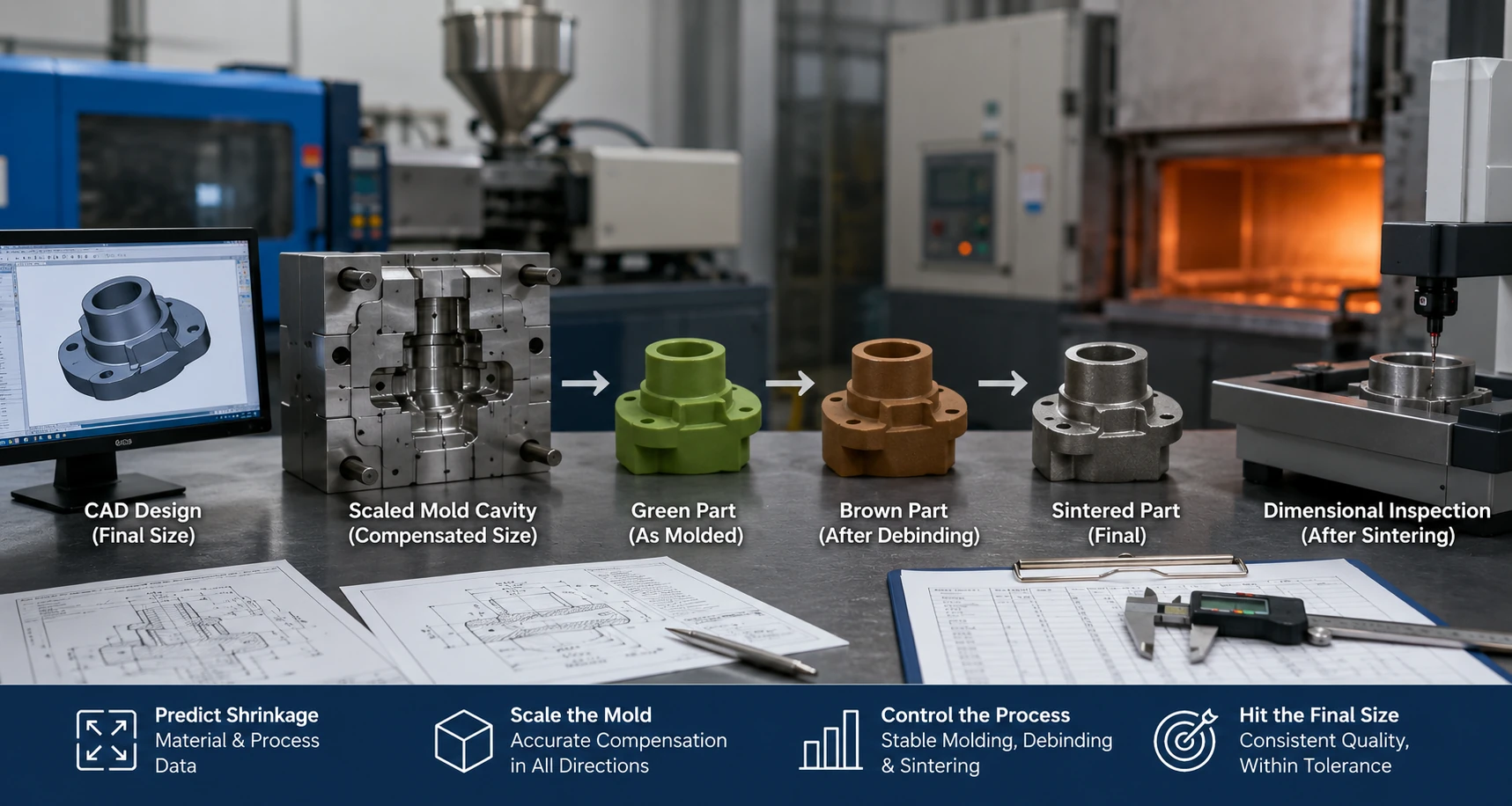 MIM shrinkage compensation workflow showing mold scaling, green part, sintering shrinkage, final part measurement, and tooling correction