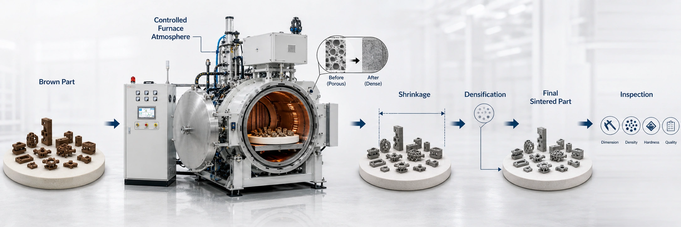 MIM sintering process overview showing brown part shrinkage furnace atmosphere densification support design and final metal part quality