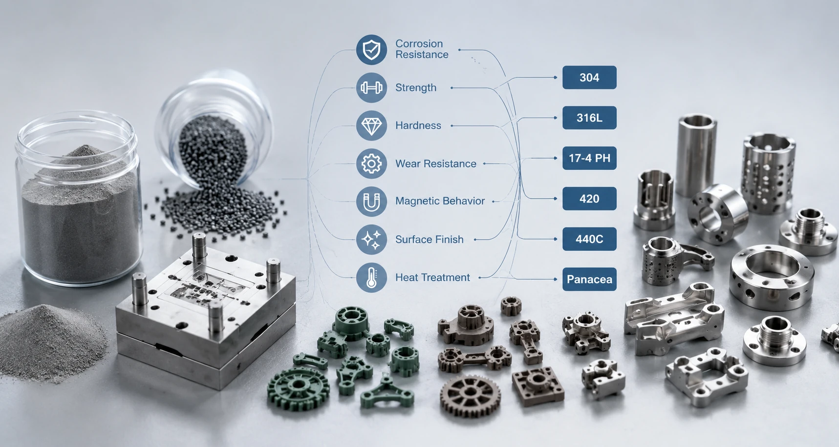 MIM stainless steel selection overview showing powder, feedstock, precision parts and grade decision factors for corrosion resistance, strength, hardness, wear and heat treatment