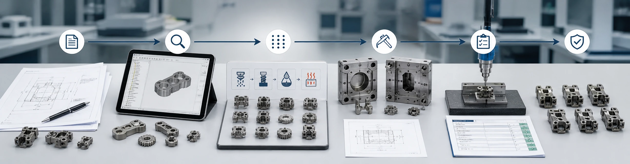 MIM supplier evaluation workflow showing RFQ review, DFM check, tooling decision, first article inspection, and production approval before mass production.