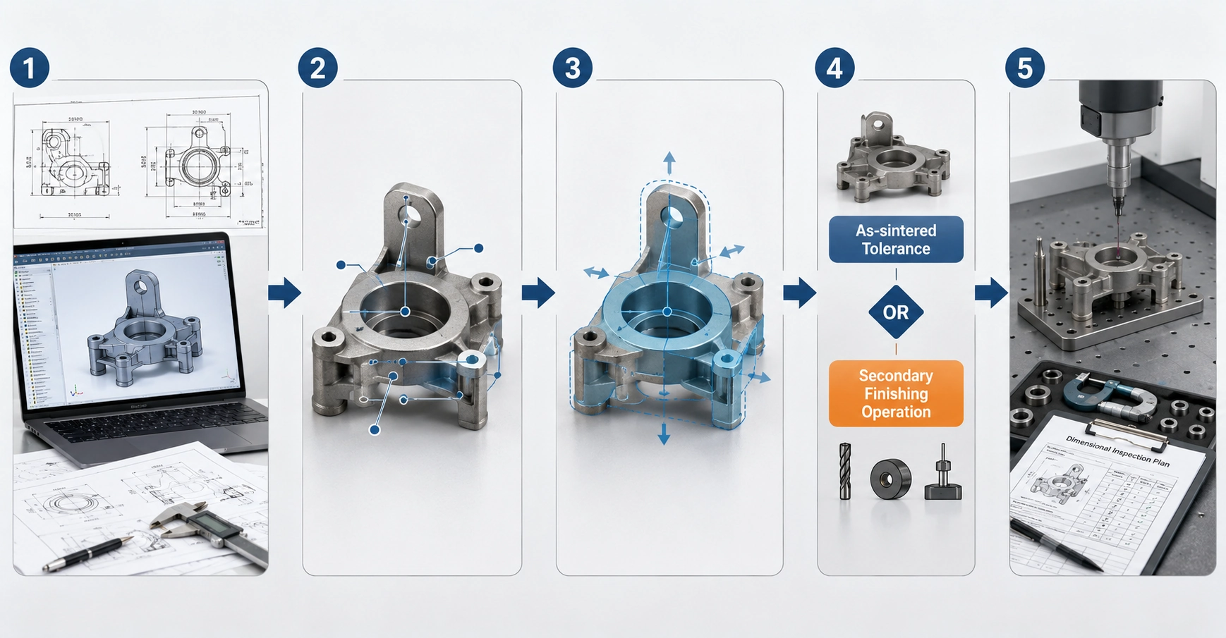 MIM tolerance and shrinkage review workflow showing drawing review, CTQ dimensions, shrinkage-sensitive geometry, tolerance route, and inspection planning before RFQ.