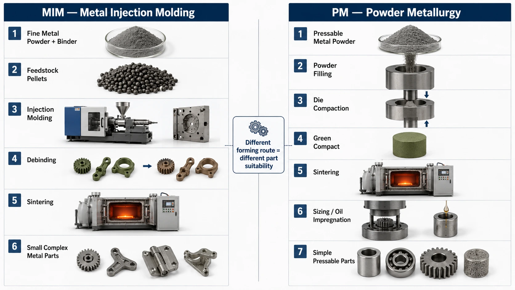 Process route comparison showing MIM feedstock injection molding debinding and sintering versus PM powder compaction sintering sizing and oil impregnation
