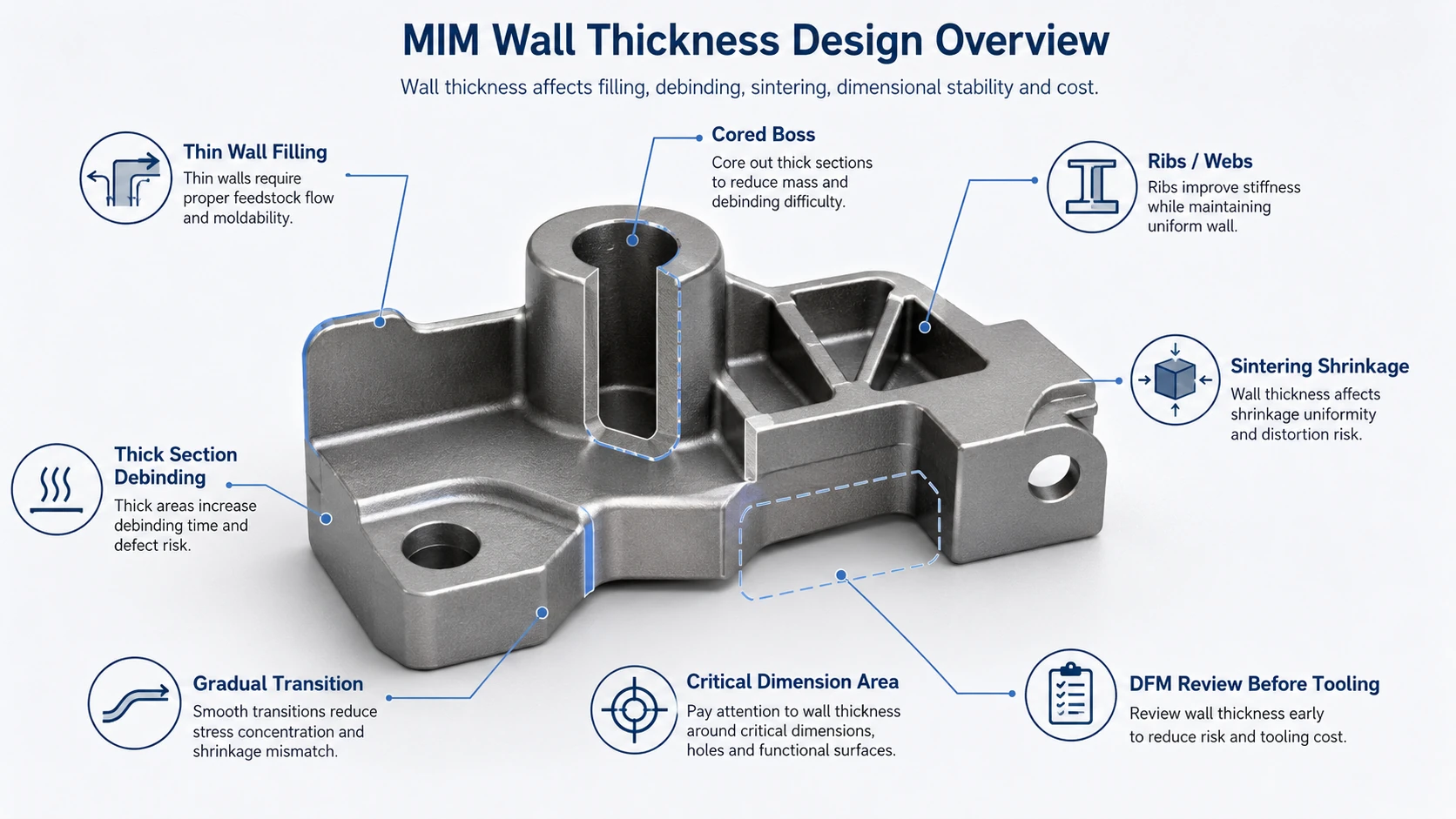 MIM wall thickness design overview showing thin walls, thick sections, ribs, bosses, coring, gradual transitions, and DFM review points for metal injection molded parts.