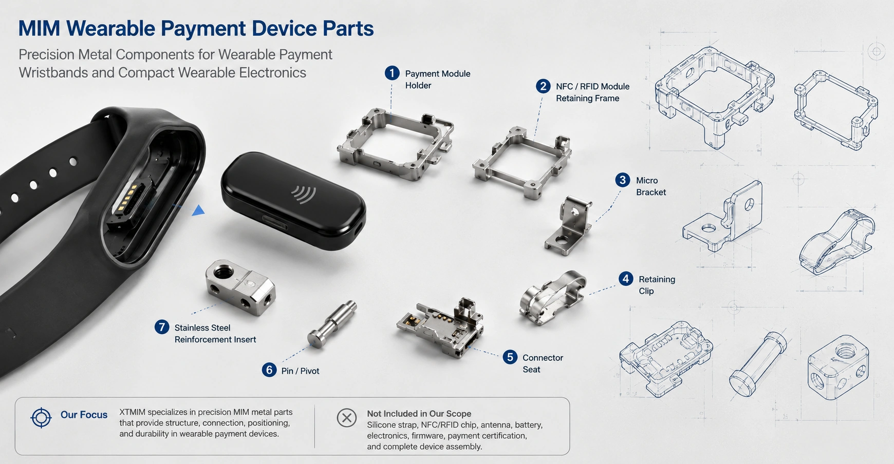 MIM metal holders clips brackets connector seats pins and inserts used around wearable payment wristband modules
