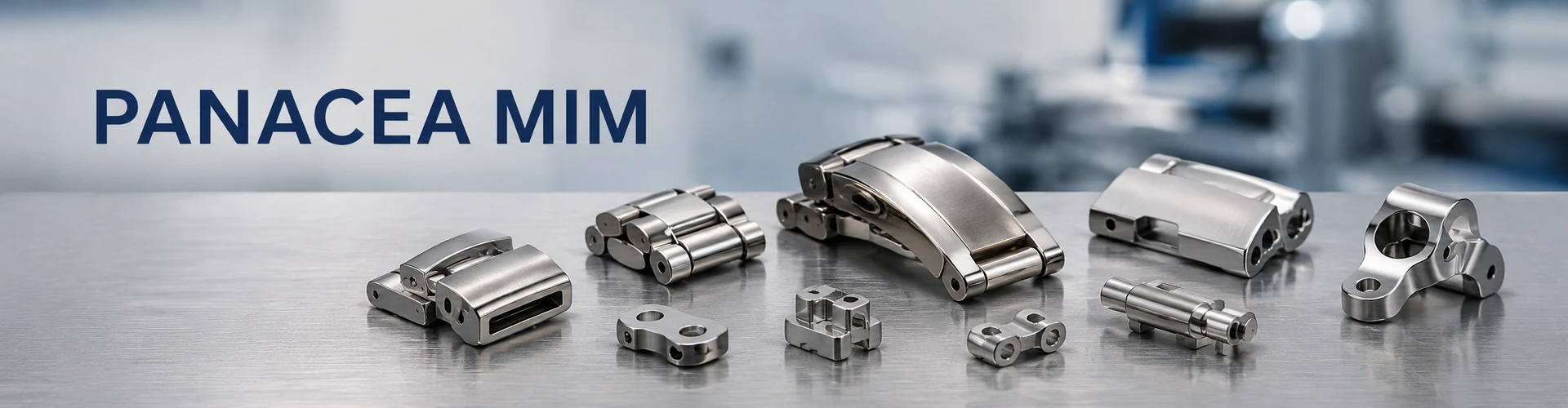 Polished PANACEA stainless steel MIM precision parts on a clean workbench for nickel-free material review