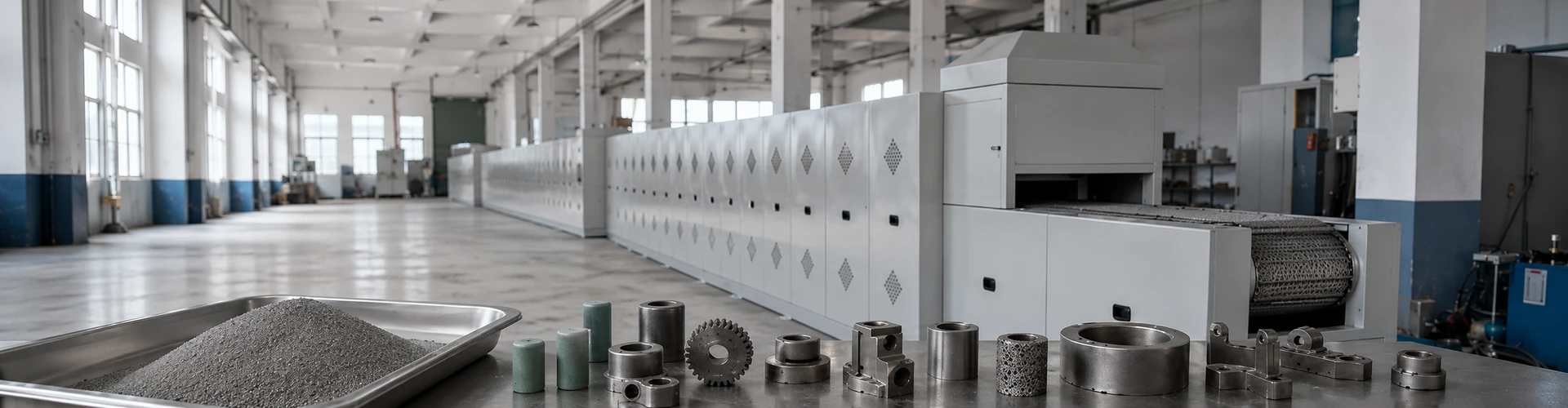 Blick in die Pulvermetallurgie-Werkstatt mit Metallpulver, gesinterten PM-Teilen und einem Band-Sinterofen für den Press-und-Sinter-Prozess