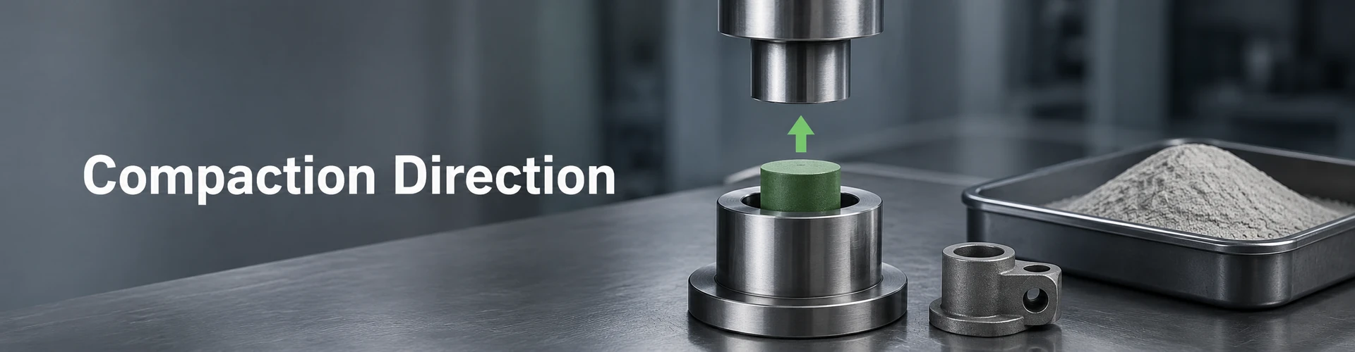 Powder metallurgy compaction direction visual showing axial pressing, green compact ejection, and a side-feature metal part that requires manufacturability review.