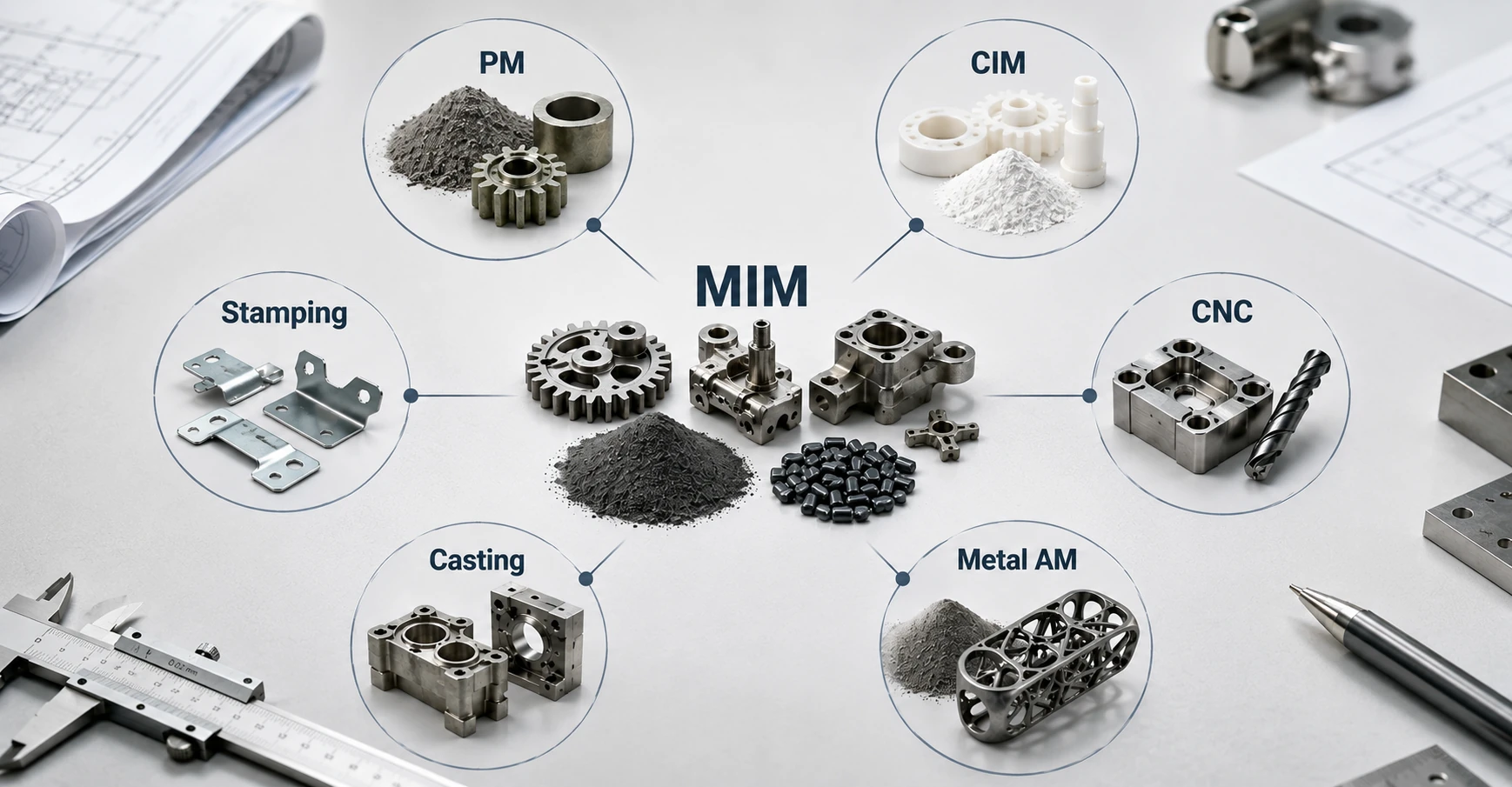 Engineering desk showing MIM as the central process discussion with related PM, CIM, CNC, metal AM, casting and stamping routes